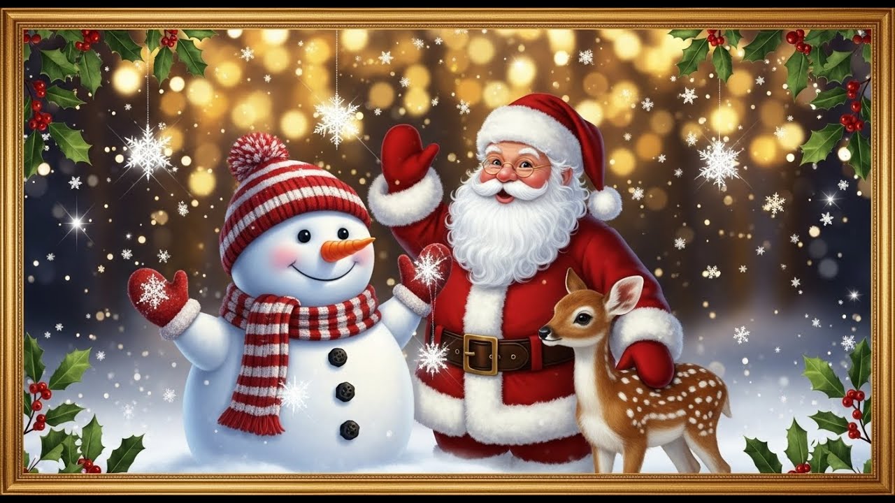 Frame TV Art - Frame Art TV with Music: Cheerful Christmas Scene: Santa, Snowman, and Baby Reindeer