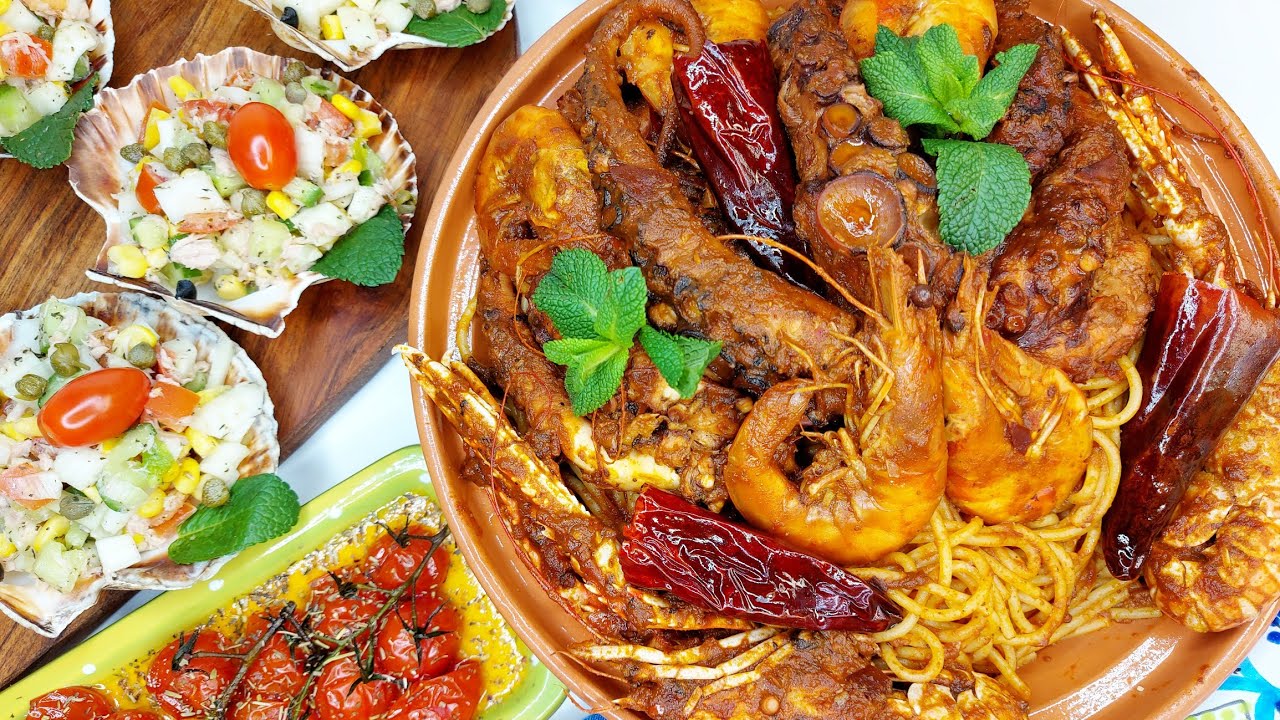 سباقيتي تونسية بالقرنيط‼️و غلال البحر😍 مفوحة و مشخشخة Spaghetti tunisienne au poulpes&fruits de mer