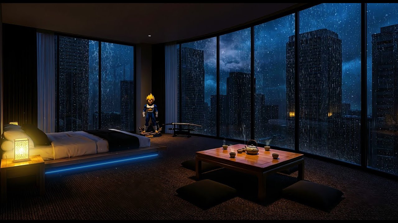 Loud Thunder and Heavy Rain overlooking Shadowy City Towers to Relieve Stress