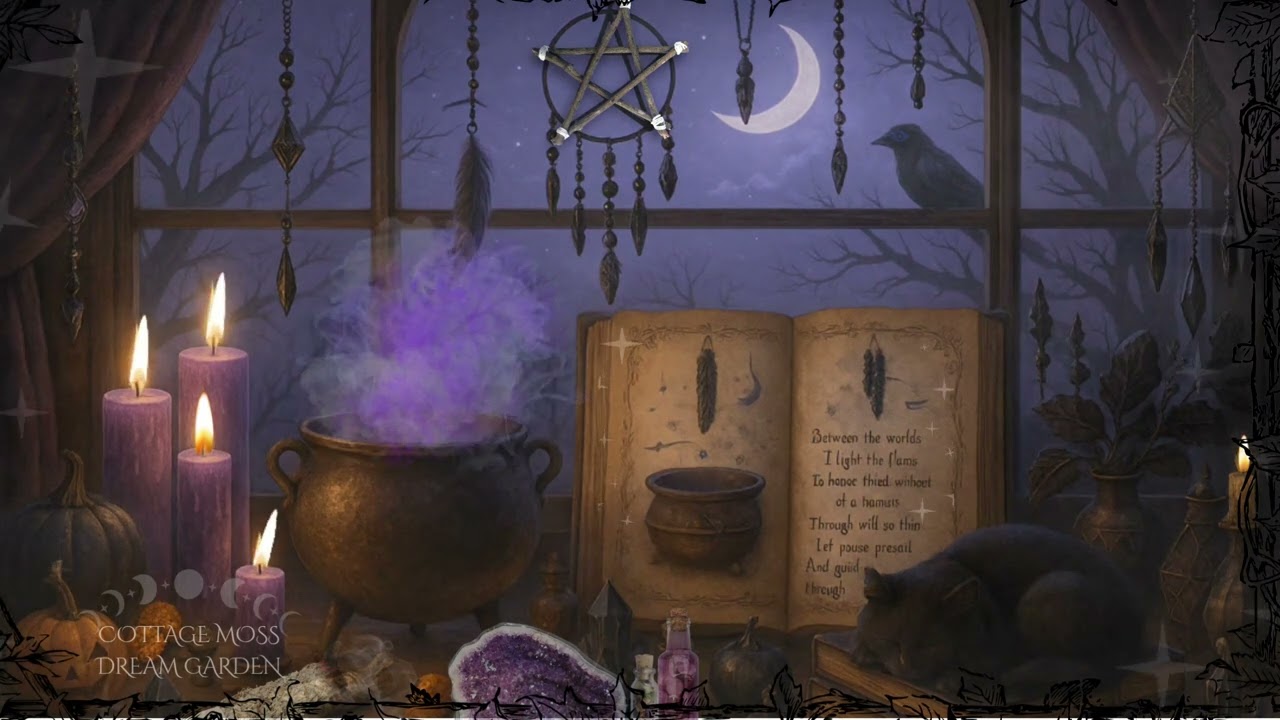 Halloween Witch Ambience Cauldron Candlelight & Black Cat Witch ASMR Sleep Magic 🕯️