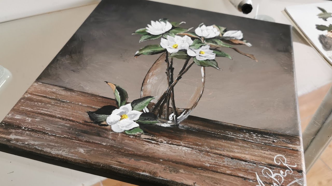 White Flowers in a Glass Vase || Step-by-Step Acrylic Painting || Relaxing and Satisfying