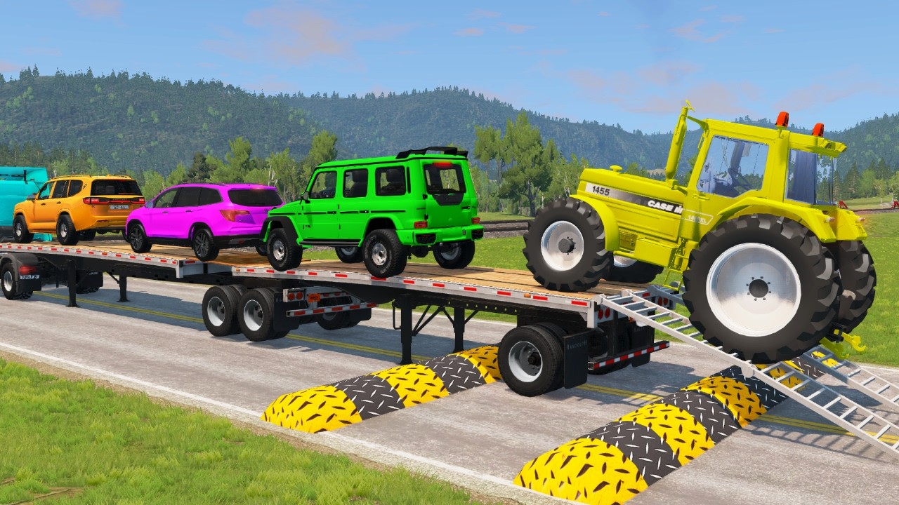 Flatbed Trailer McQueen Transportation with Truck - Speedbumps vs Cars vs Train - BeamNG.Drive #1