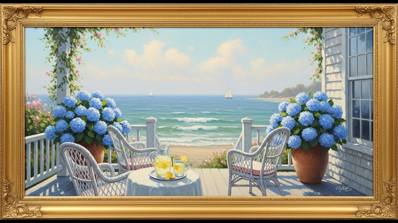 Vintage Coastal Porch with Blue Hydrangeas | Samsung Frame TV Art | 4K Seaside Oil Painting