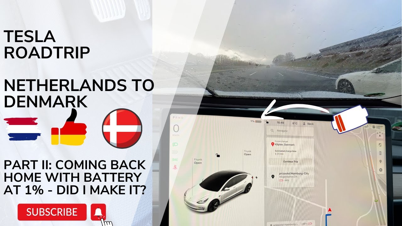 Tesla trip Denmark to Netherlands via Germany battery at 1%