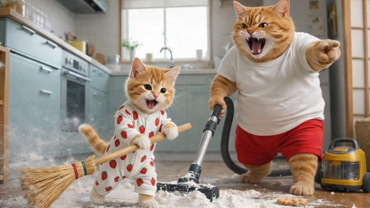 With Mama Cat Away, Ginger Kitten and Papa Cat Learn Housework Isn’t Easy 🐱🏡