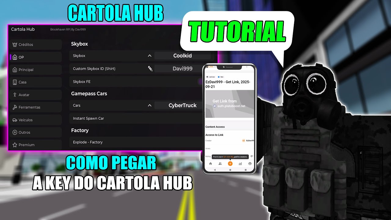 TUTORIAL DE COMO PEGAR A KEY DO CARTOLA HUB 🎩- BROOKHAVEN RP E ROUBE UM BRAINROT. Roblox Script