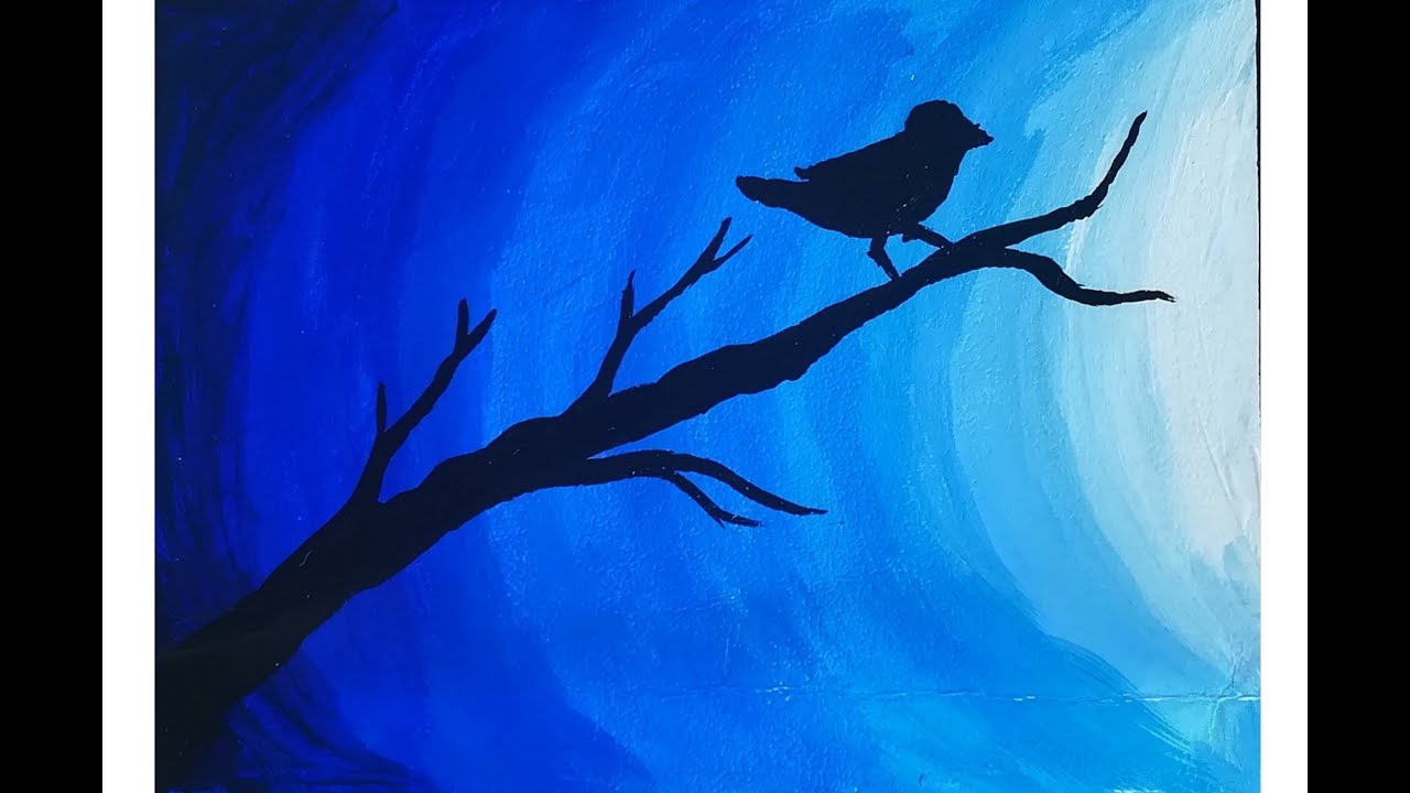 Easy poster color painting on canvas | bird in moonlight postercolor painting
