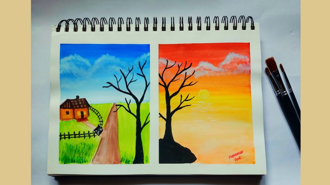 Sunset drawing|| how to draw beautiful scenery || landscape painting