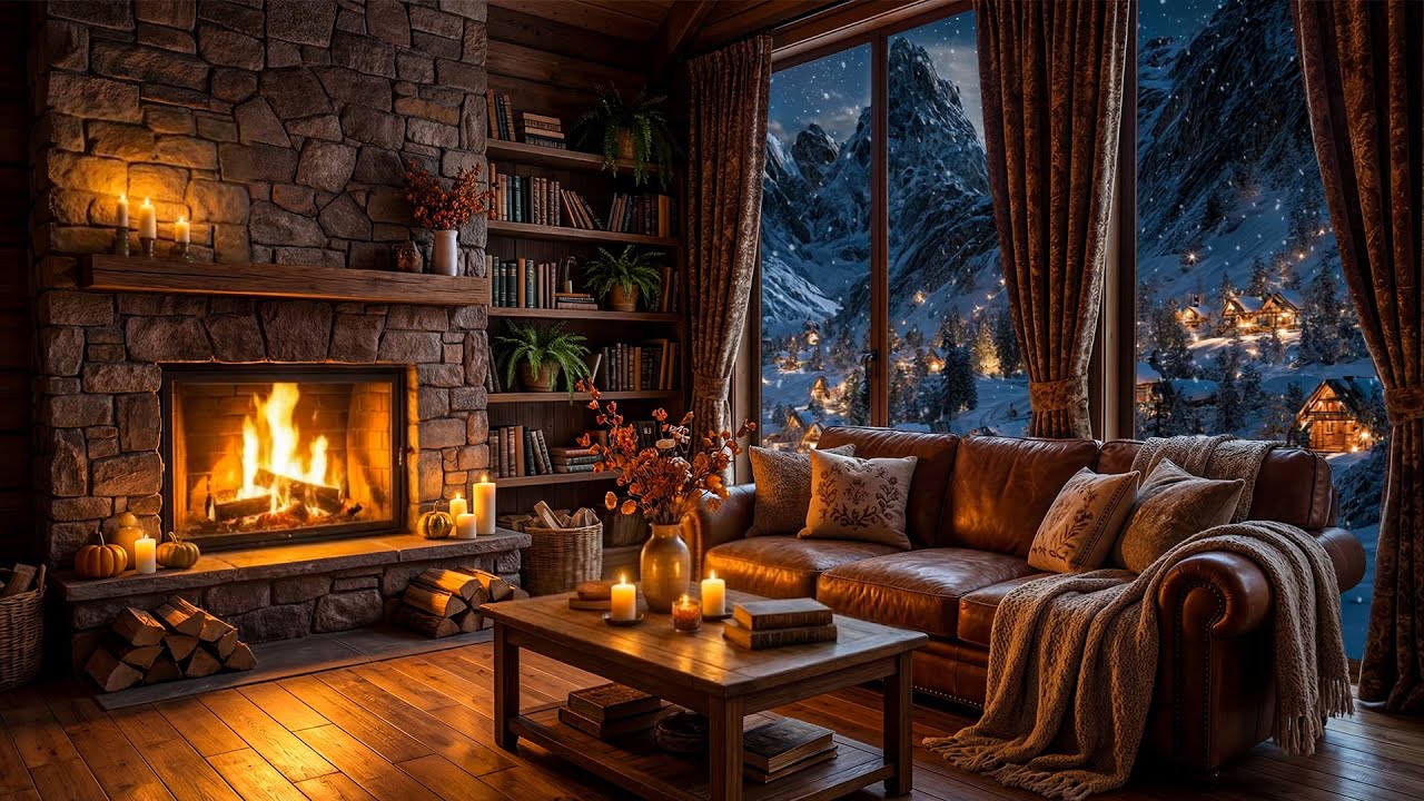 Winter Cabin Bliss: Crackling Fireplace and Snowfall for Restful Relaxation