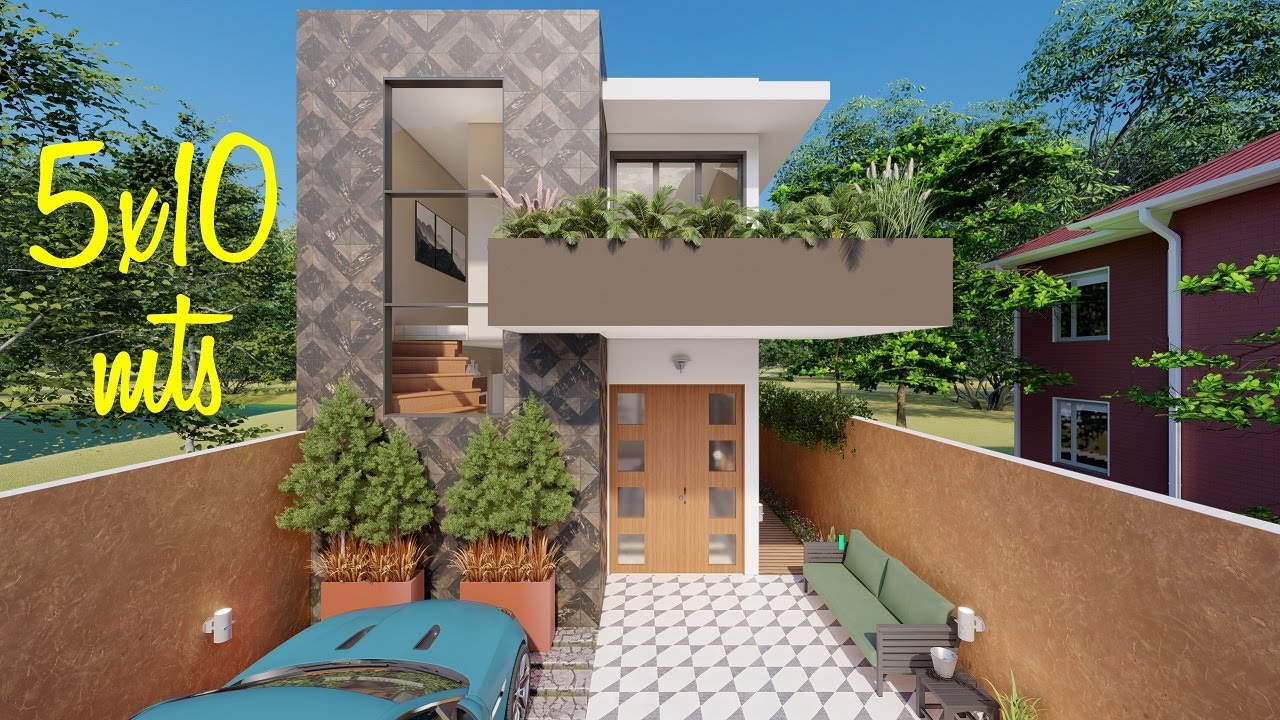 Plano de casa de 5x10 metros con 2 dormitorios y piscina