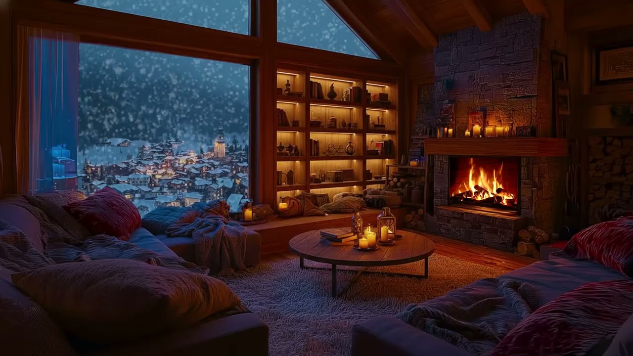 Frozen Winter Night at Remote Cabin with Warm Fireplace and Falling Snow for Deep Sleep & Relaxation