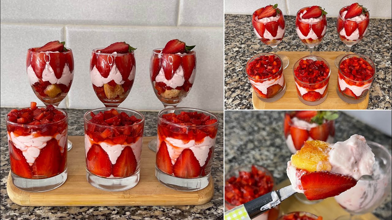 تحلية كؤوس الفراولة بكريمة خفيفة و بنينة و سهلة التحظير بلا ما ننساو شكلها لي يشهي😍