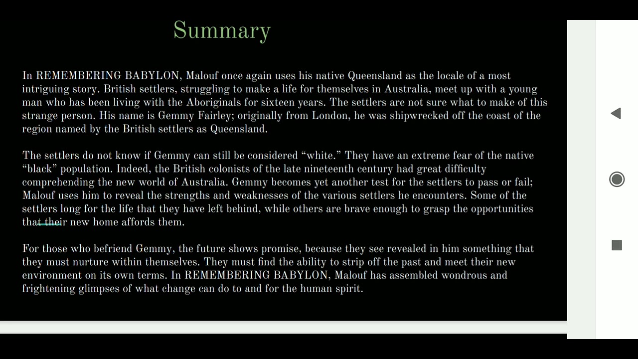 Remembering Babylon| David Malouf | MA S2 World Literature| Malayalam Explanation