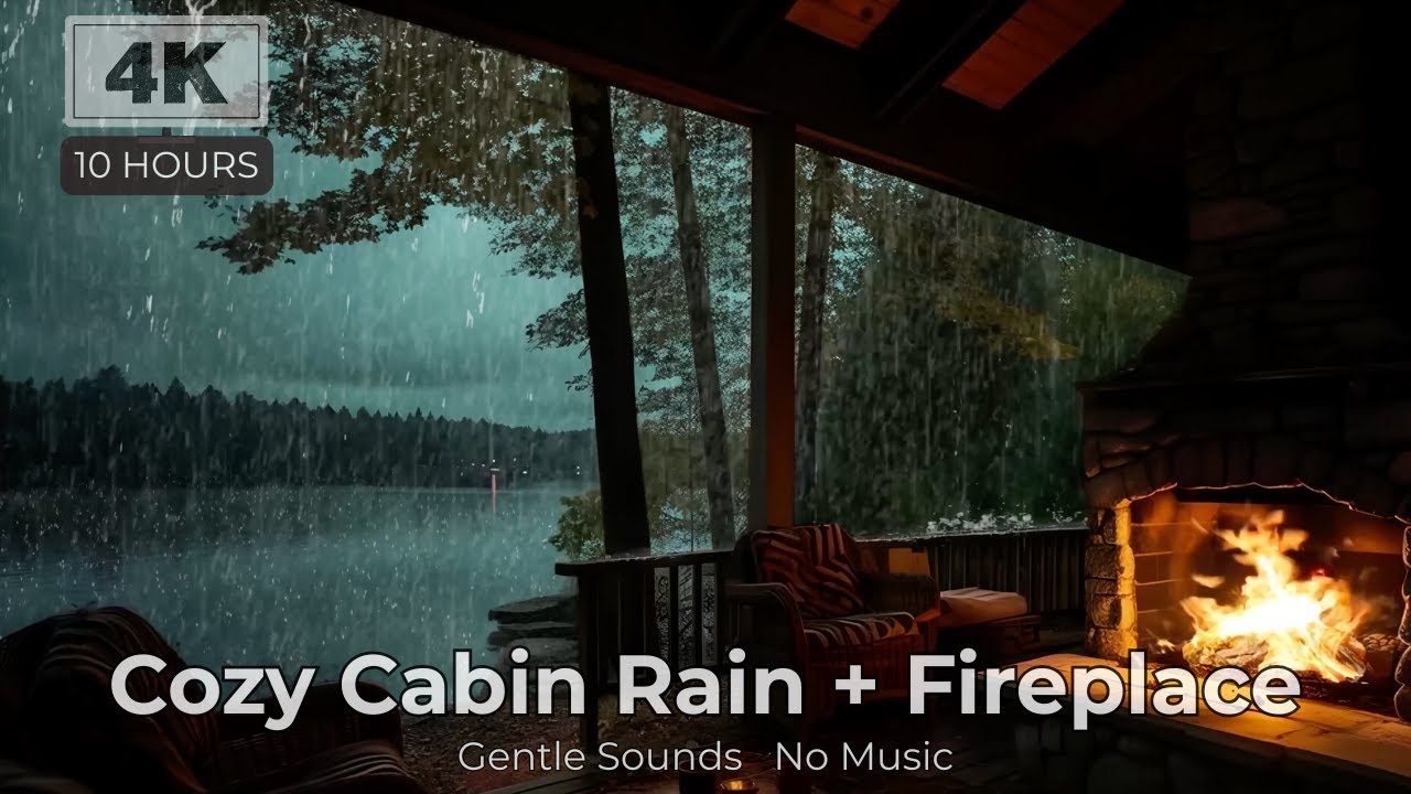 Cozy Forest Cabin Rain & Fireplace 10 Hours • Gentle Ambience No Music (4K)