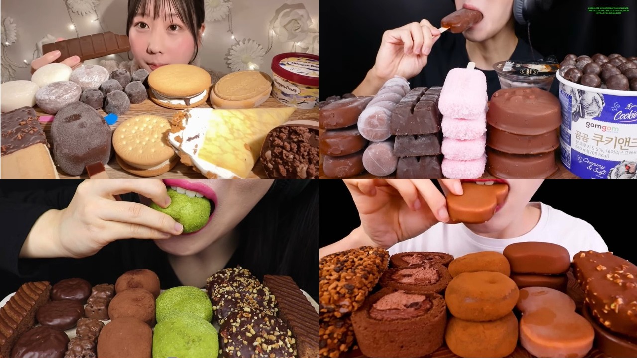 CHOCOLATE ICE CREAM EATING CHALLENGE,CHOCOLATE CAKE,CHOCOLATE BALLS,MOCHI,NUTELLA,TICO,PIE,BIG BITES