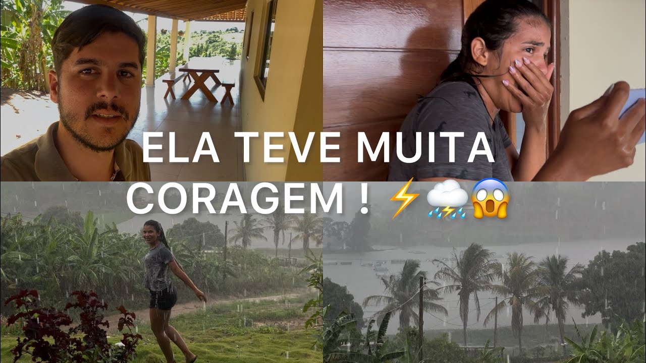 MUITA CORAGEM | OS RAIOS CAINDO⚡️E ELA TOMANDO BANHO DE CHUVA 😱 trovoada ⛈️com muitos trovões😱