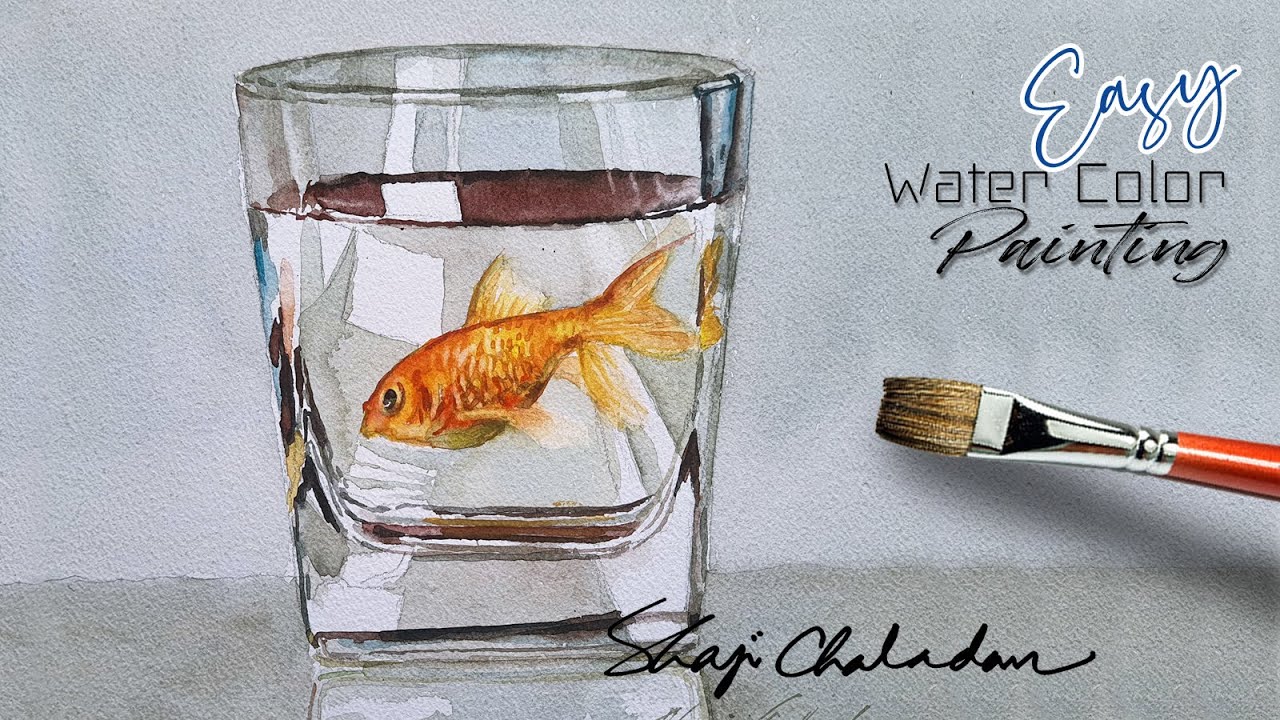 Watercolor Still-life painting | Gold Fish in Water Glass | How to paint Glass | Primary Colors Only