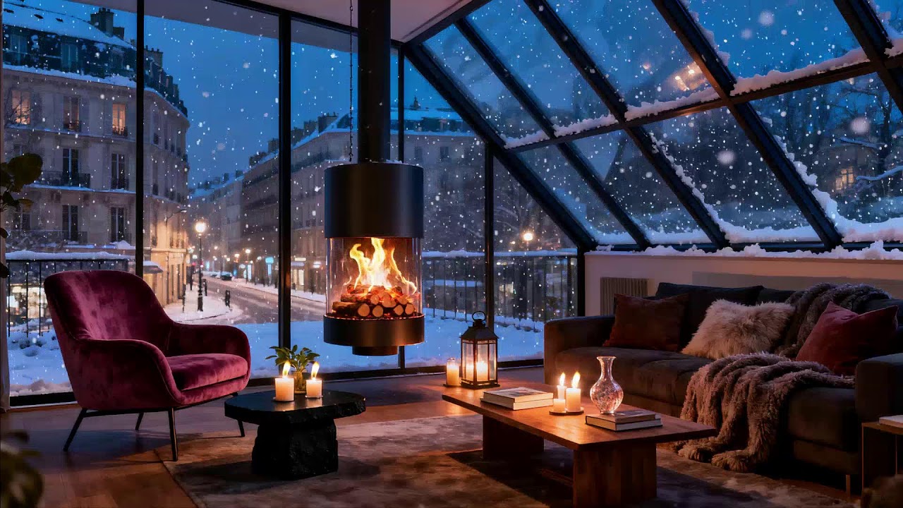 Winter Night Above Snowy Avenues 🔥 Cozy Fireplace Calm