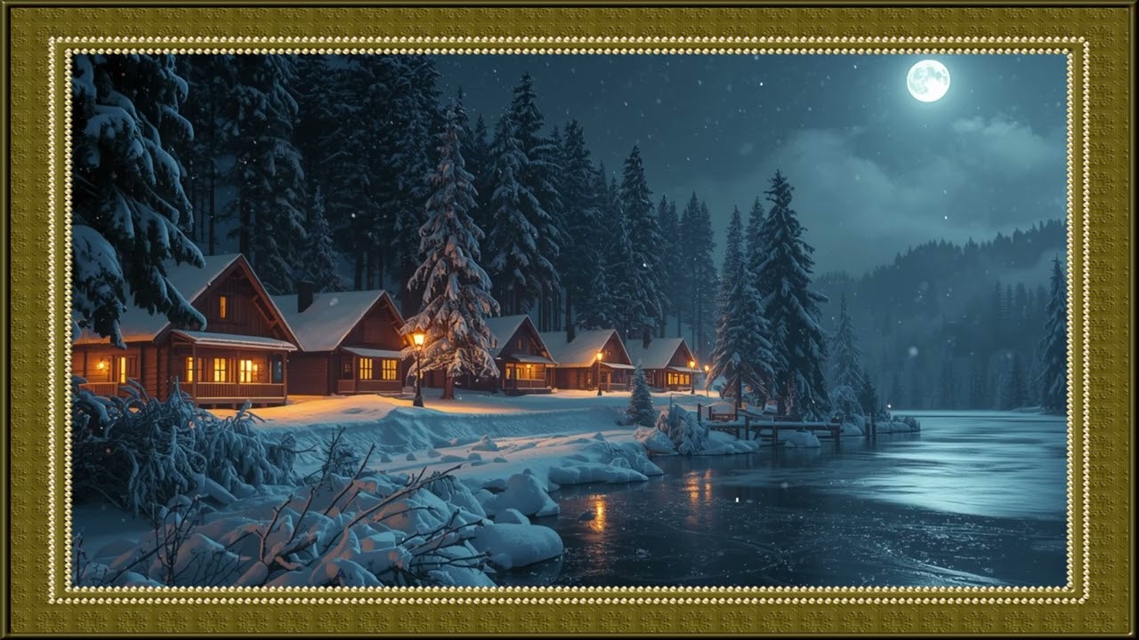 Vintage Winter Barn of Lights Painting | Frame Gold TV Art | Art Screensaver for TV | Wallpaper.4K