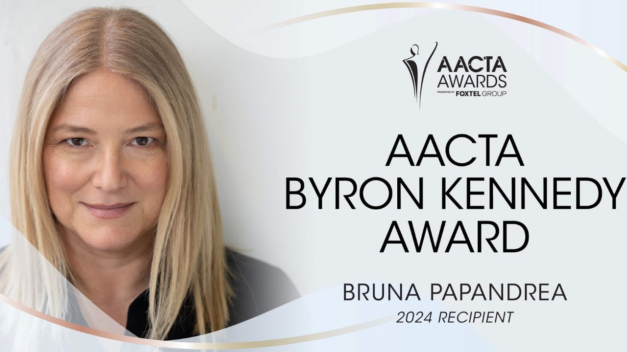 Simon Baker presents Bruna Papandrea the Byron Kennedy Award at 2024 AACTA Awards