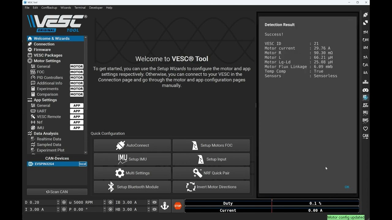 Simple setup of the EVSPIN32G4 board using the VESC Tool.
