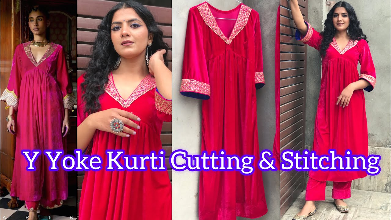 Step By Step Trendy Y Yoke Kurti Cutting & Stitching | Easy Wat To cut gathered Kurti | Rajveerpunni
