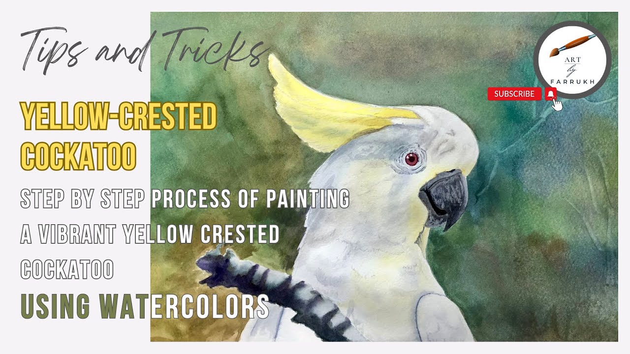 Step by step process of painting a vibrant Yellow crested Cockatoo using watercolors Art by Farrukh