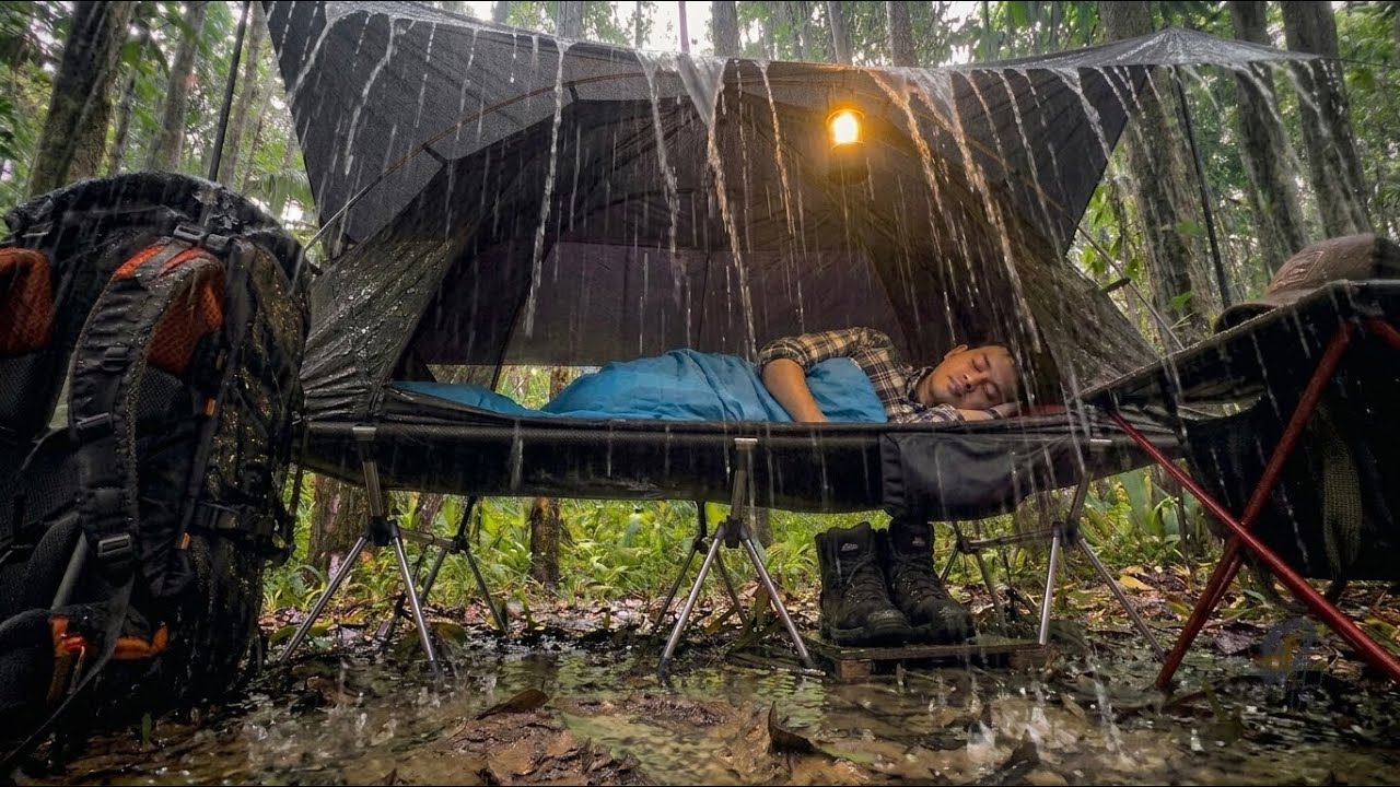 Floating Tent Amid Heavy Rain Hitting the Forest - Solo Camping