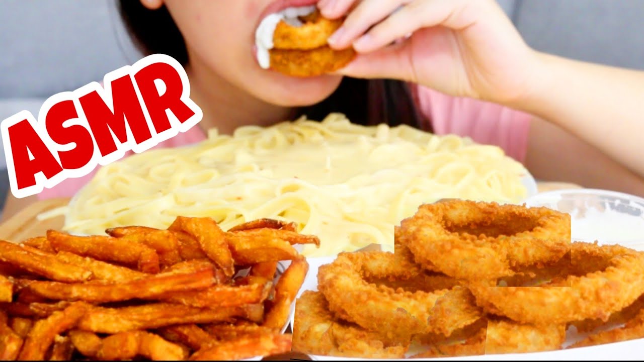ASMR TWILIGHT EATING NO TALKING 😉🤫 CHEESY ALFREDO PASTA + ONION RINGS MUKBANG EATING SOUNDS