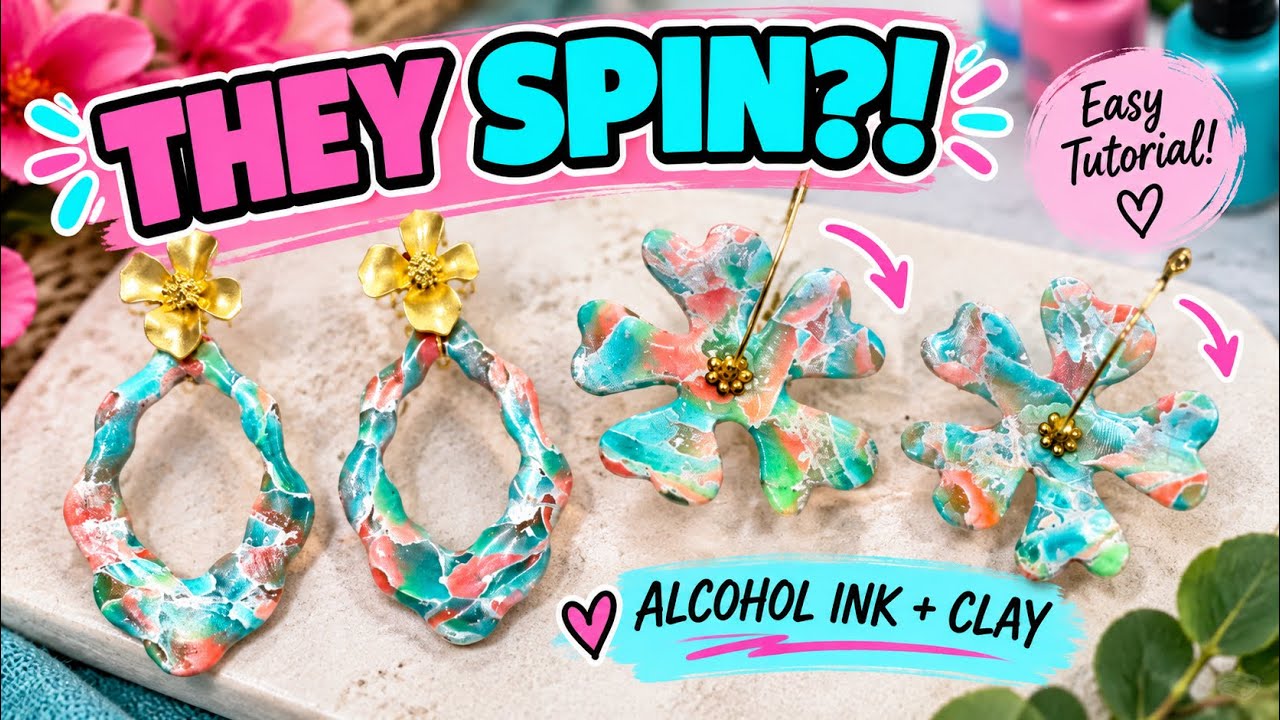 Polymer clay flower earrings, alcohol ink