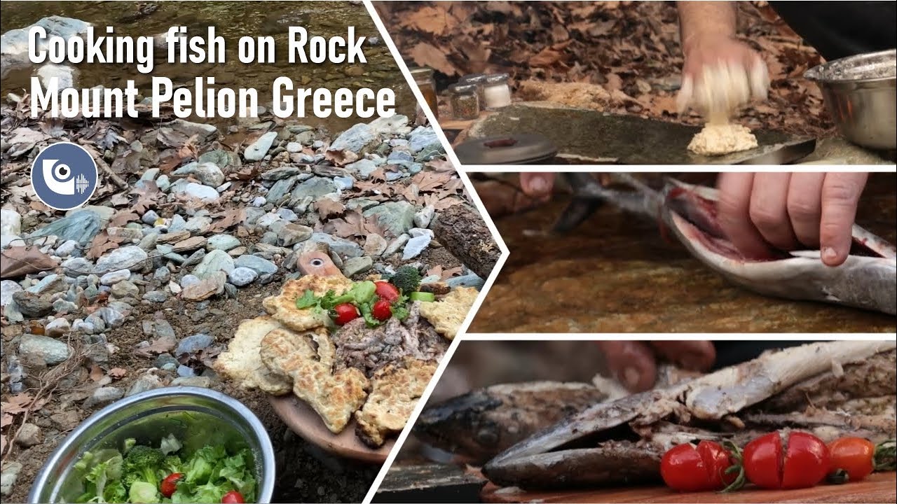 Cooking On a Rock Grill Fish & Bread with greek salad in Nature of Mountain Pelion | Bushcraft