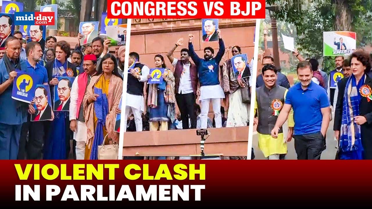 Congress-BJP clash INDIA Bloc MPs climb Makar Dwar during Poster war at Parliament