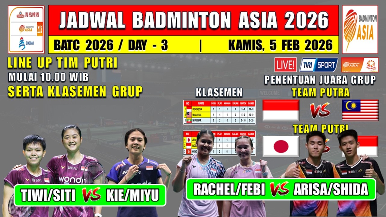 Jadwal Badminton Asia Team 2026 Hari Ini Live TVRI ~ INDONESIA vs JEPANG ~ INDONESIA vs MALAYSIA
