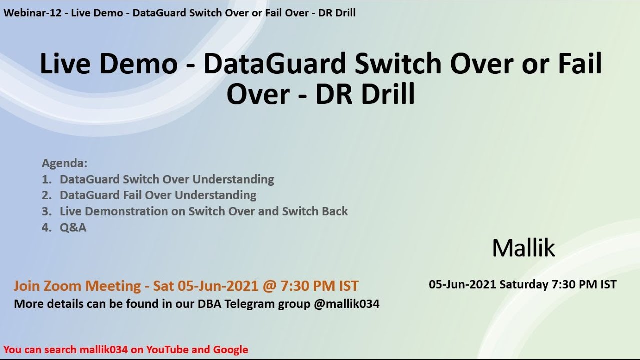 Webinar-12- Live Demo on Dataguard Switch Over and Dataguard Fail Over || DR Drill Activity