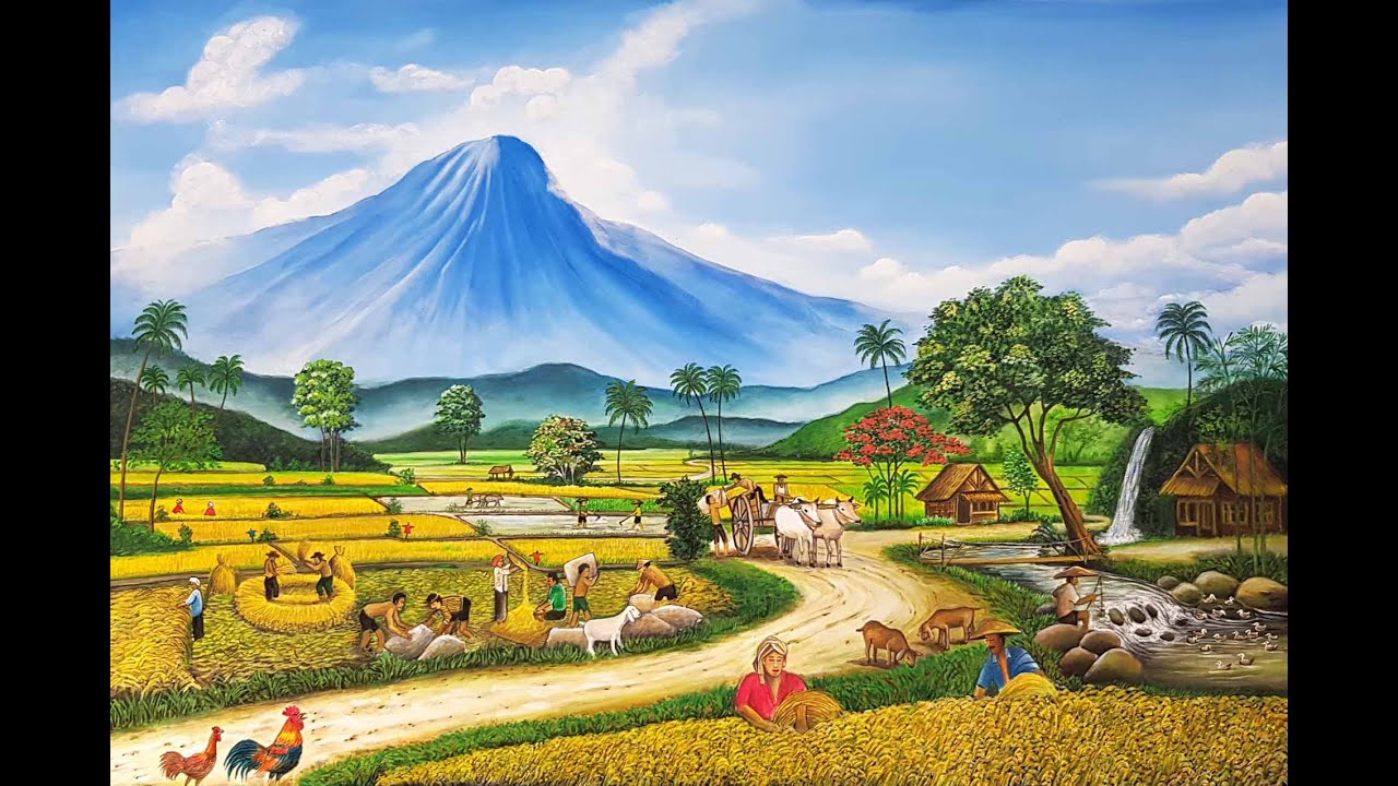 HARMONY OF THE RURAL NATURE: RICE FIELDS, MOUNTAINS, and FARMERS HARVESTING RICE