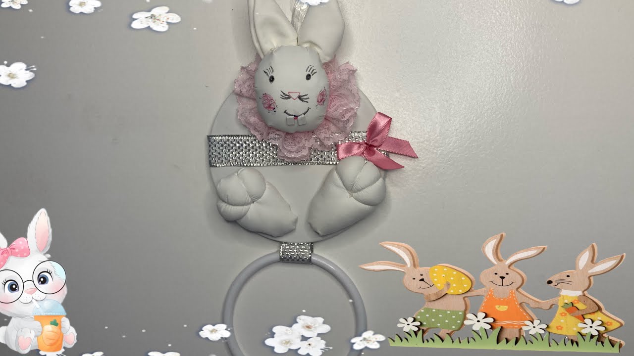 Porta pano de prato de fuxico em formato de coelho #rabbit-shaped yo-yo dish towel holder