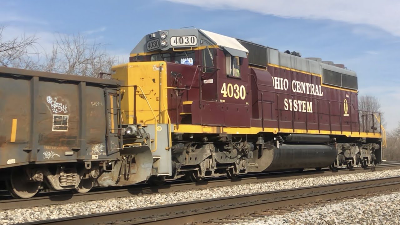 Train With 3 Locomotives Cruises Over Railroad Bridge, Indiana & Ohio Railway Gondola Train 5 Trains