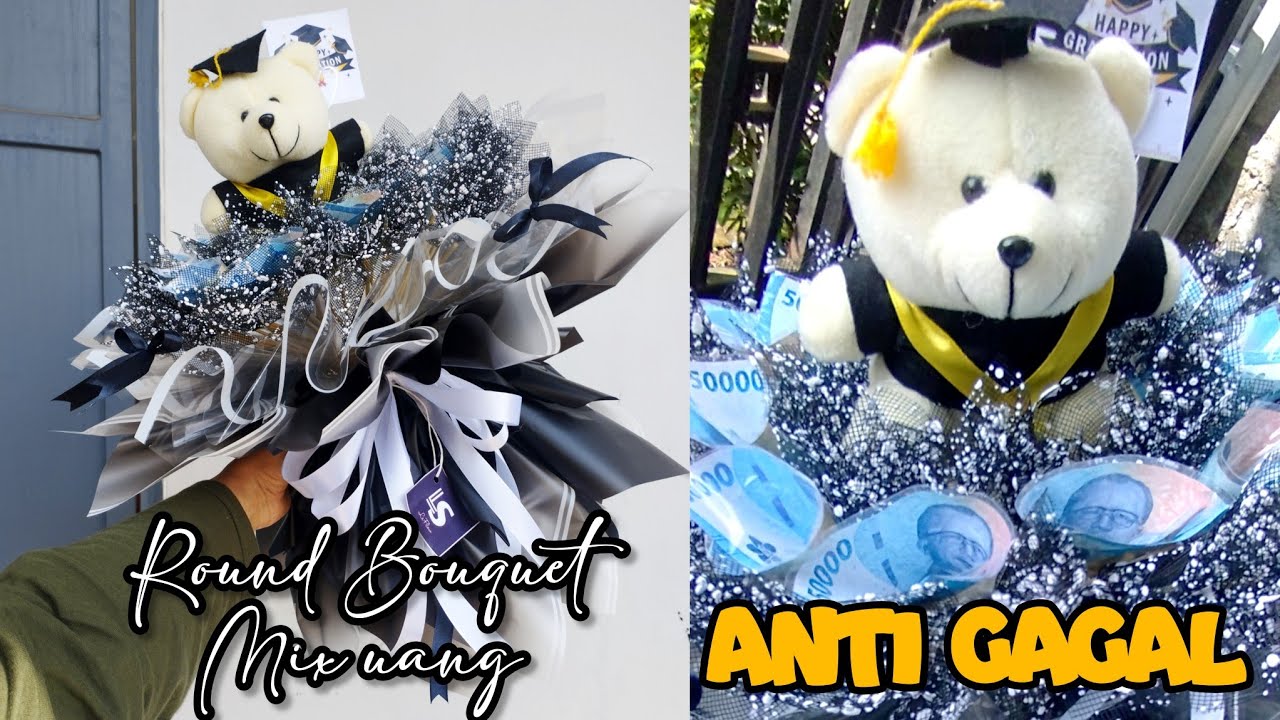 BUKET BONEKA WISUDA MIX UANG 10 LEMBAR MODEL ROUND BOUQUET KRIWUL / DIY ROUND BOUQUET GRADUATION
