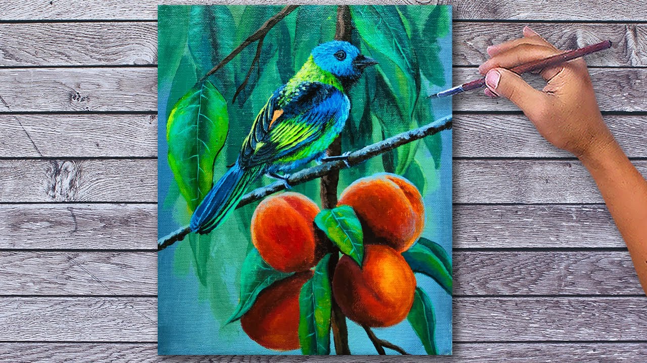 Acrylic Wild Bird Painting Time-lapse / Peaches Fruits / Fine Art