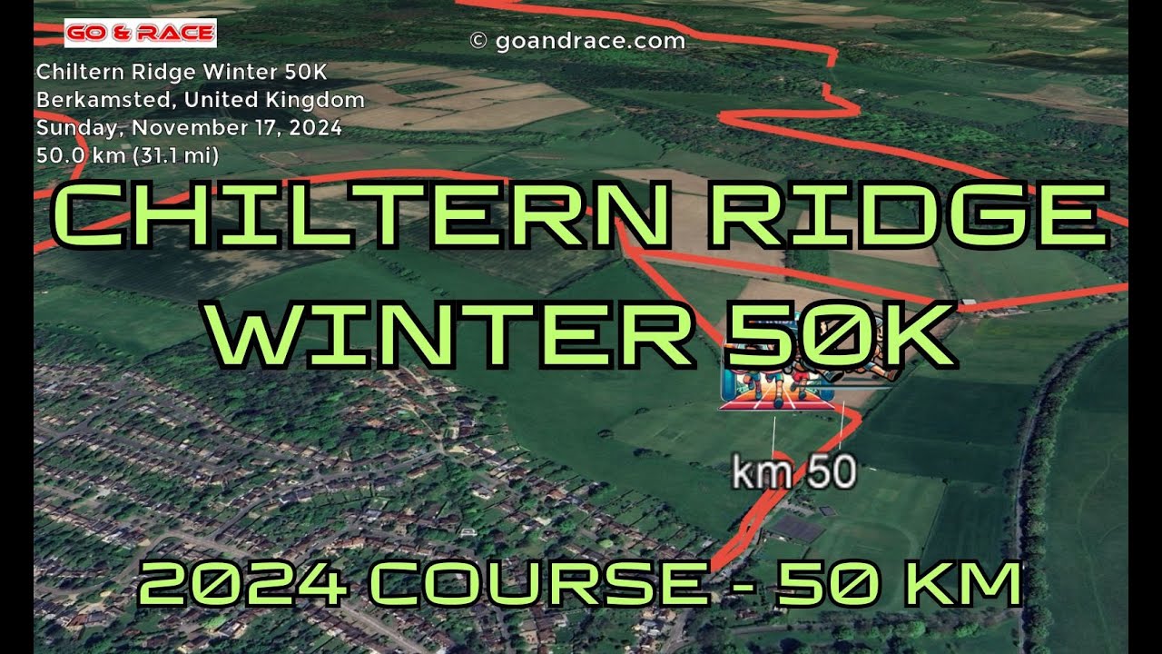Chiltern Ridge Winter 50K (2024): fly over the 50 km course! Video of the race path.