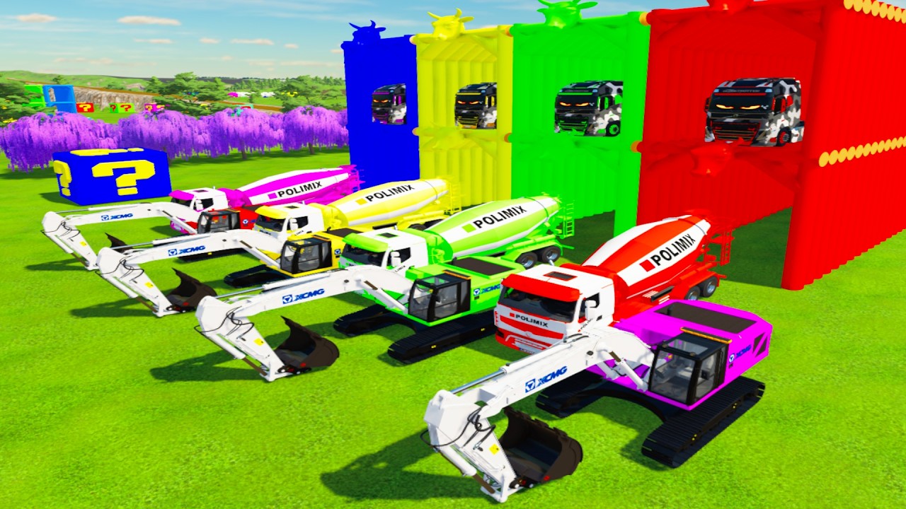 COlorful trucks - ALL COLORFUL XCMG EXCAVATOR, POLIMIX MIXER TRUCK TRANSPORTING TO COLORFUL GARAGE