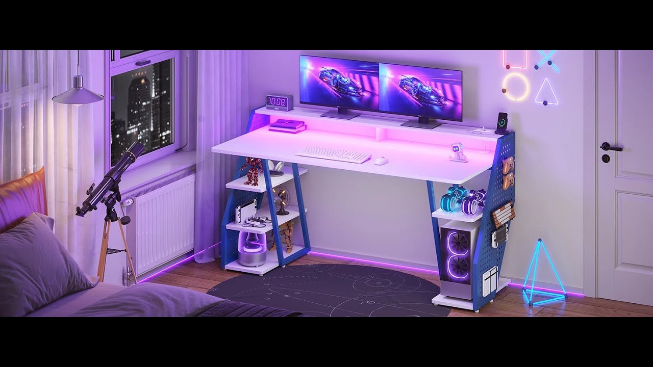 SEDETA 55 Inch LED Gaming Desk Computer Desk with Pegboard Storage Shelves Power Outlets
