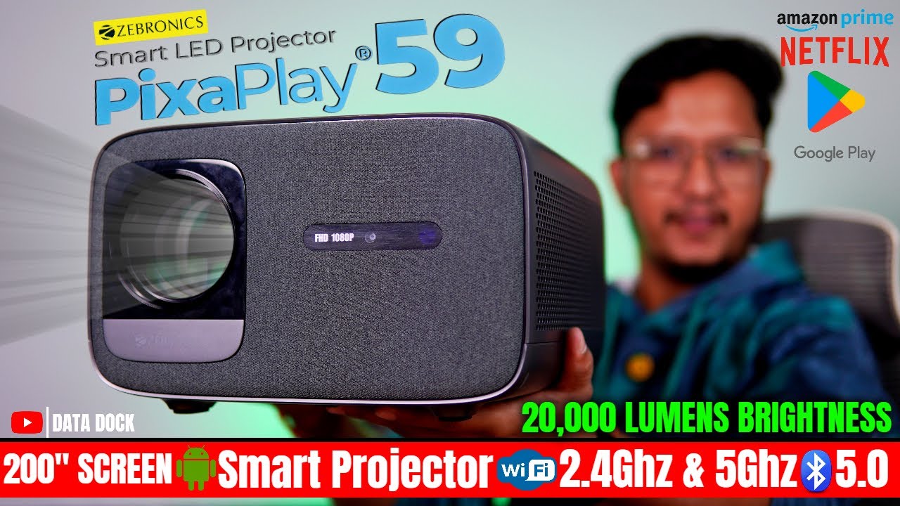 ZEBRONICS PIXAPLAY 59 Smart Projector with Android Apps, 20000 Lumens Brightness & 200