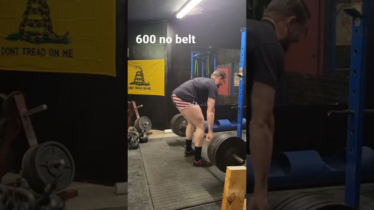 Beltless Deadlift in the Dungeon Gym of course