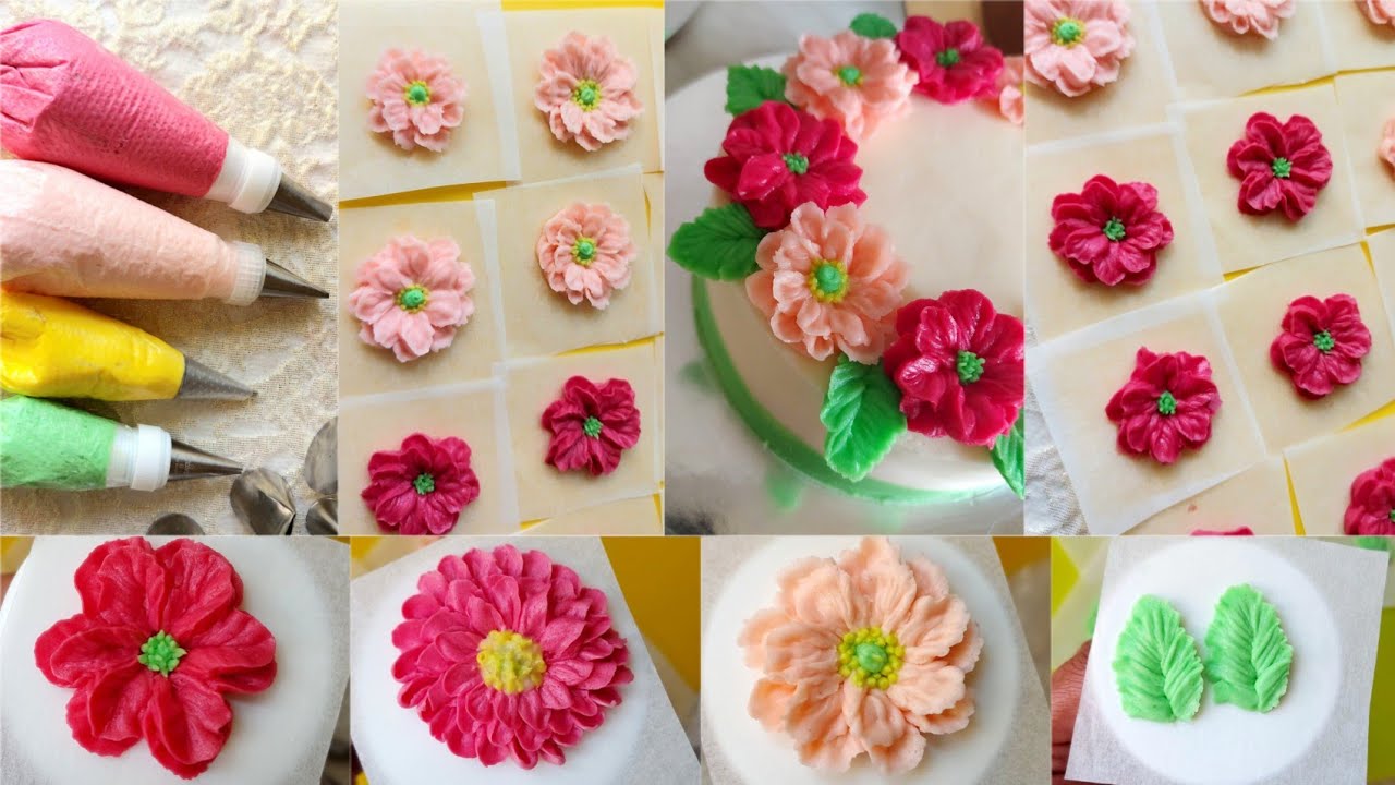 Buttercream flowers and leaves /බටර්ක්‍රීම් මල් සහ කොල , මල් වර්ග 3ක් ඇතුලත්/Piping techniques