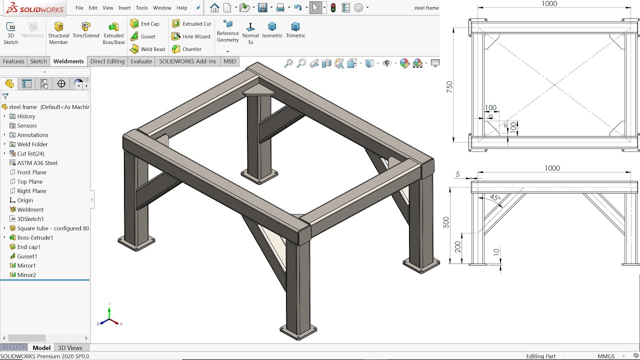 Базовая стальная рама в Solidworks Weldments