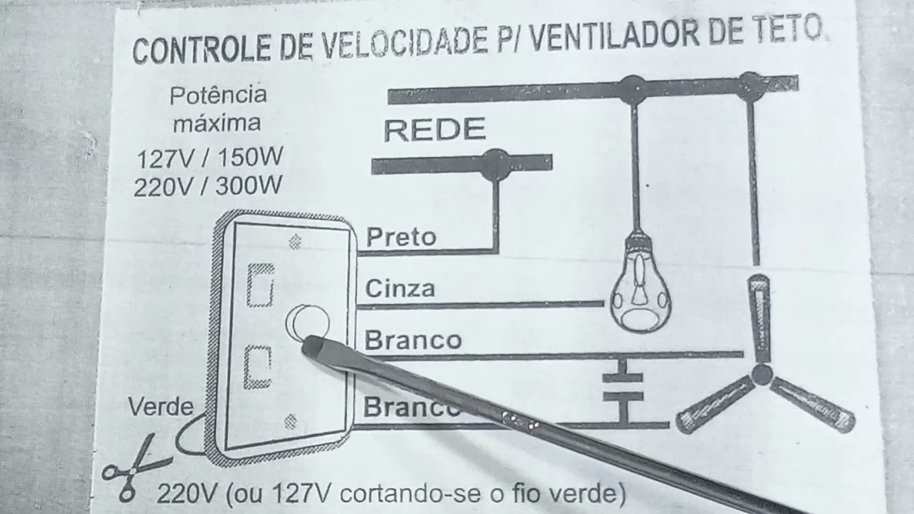 Esquema de ligação de um ventilador de teto em tensão de 127 ou 220 volts
