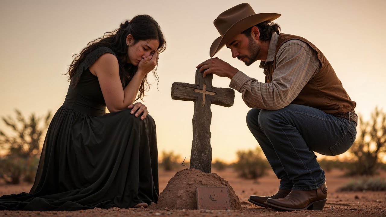 She Sat Crying Over a Small Cross, Until the Cowboy Took Off His Hat Beside Her