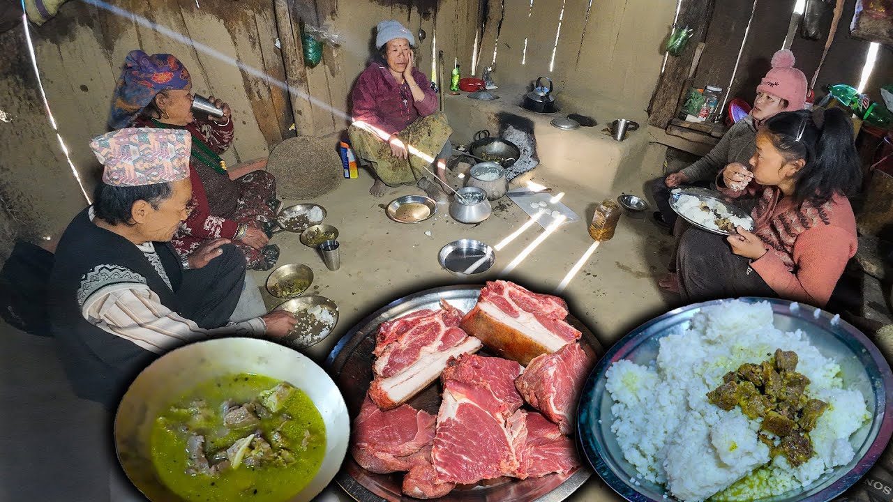 We cooked boiled pork soup and rice and ate with the guests in the village | Pork Recipe | Pig meat