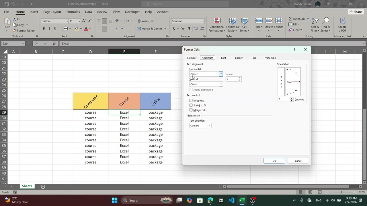 Text Alignment in Microsoft Excel جهت دهی متون در مایکروسافت اکسل